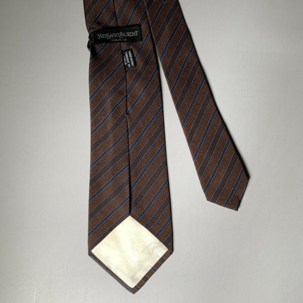 YVES SAINT LAURENT Brown Blue Diagonal Stripe Silk Tie - Picture 2 of 3